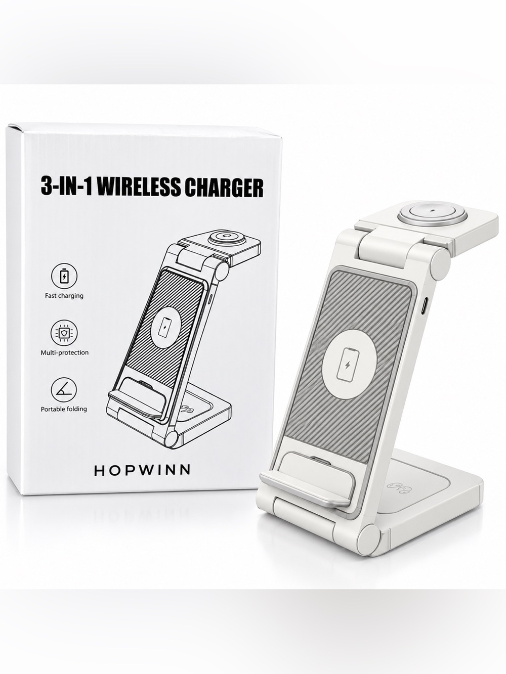 White 3-in-1 Foldable Wireless Charger Stand